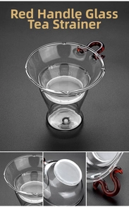 Heat-resistant glass tea strainer with a red glass handle and fine mesh filter detail