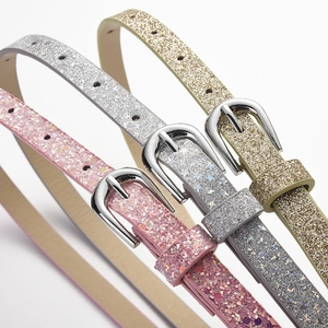 Kids fashion sequined PU belts in pink, silver, and gold with classic metal pin buckles