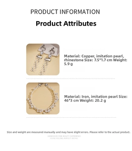 Detail view of pearl earrings and necklace with material specifications and measurements