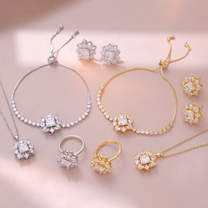 Roterende Zirkonia Bloem Sieradenset Roestvrij Staal Ketting Oorbellen Ring Armband Voor Vrouwen Elegante Mode Sieradenset Cadeau