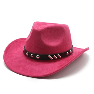 Detail of rose red cowboy hat with black leather band and silver metal rivets
