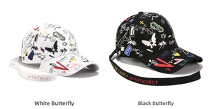 Détail de casquette graffiti avec longues lanières et imprimés colorés peints à la main