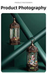 Close-up of vintage bronze Christmas lanterns with snow globe effect and holiday scenes
