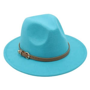Detail of the turquoise wool fedora hat with a brown faux leather belt and gold buckle