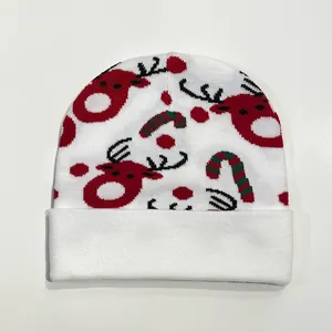 Detailed view of Christmas knit beanie with red reindeer and candy cane patterns