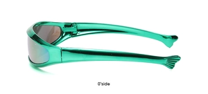 Side view of metallic electroplated green Y2K sports sunglasses with fish-tail temple tips