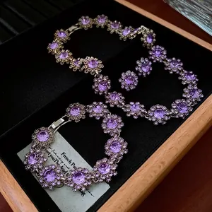 Luxury purple rhinestone flower necklace bracelet and earrings jewelry set for women