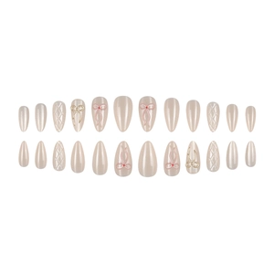 Pearlescent almond press-on nails set with 3D bow and quilted texture accents