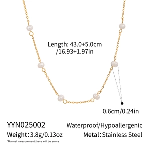 Detail specifications of freshwater pearl necklace in stainless steel showing size and weight