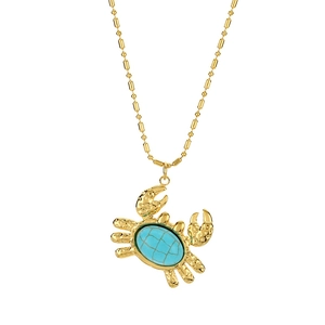 18K gold plated necklace with a blue natural stone crab pendant on white background