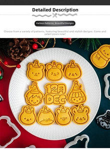Macro detail of cartoon Christmas cookie molds and golden baked holiday treats