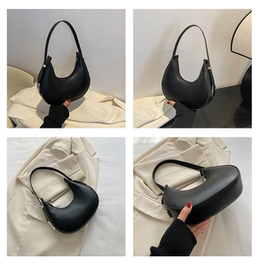 Detailed views of a black crescent shoulder bag with silver hardware and zipper closure