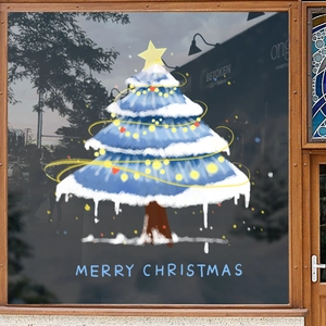 Blauer Weihnachtsbaum Fensteraufkleber mit Schnee und Merry Christmas Schriftzug
