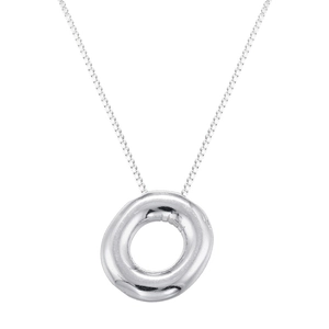 Macro view of silver organic round pendant necklace with polished box chain link detail