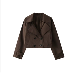 Women's short double-breasted brown trench jacket with classic lapels and flat texture