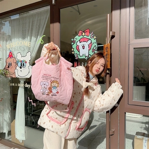Pink quilted tote bag with cute cartoon embroidery and spacious crossbody design for daily use