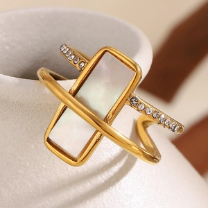 Geometric 18K gold plated stainless steel ring with white shell and side zircon stones