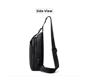 Side view of black water-resistant chest bag featuring an external USB charging port
