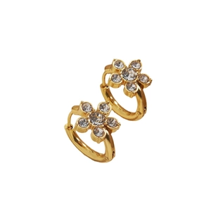 Elegant gold flower earrings featuring sparkling crystal rhinestones on a white background