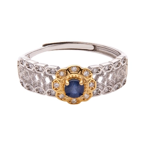 Vintage S925 sterling silver ring with blue gemstone and hollow carved bicolor details