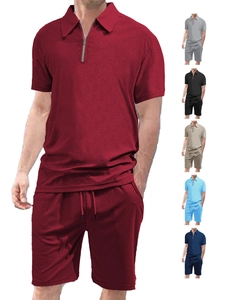 Detail view of waffle texture fabric and color options for men's summer polo and shorts set