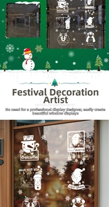 Detailed view of white Christmas window stickers with reindeer and snowman on glass