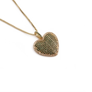 Gold box chain necklace with a heart pendant featuring dark green and white cubic zirconia