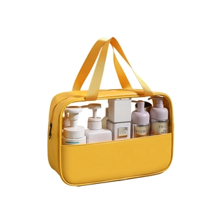 Yellow waterproof PU leather toiletry bag with PVC clear window and top handle
