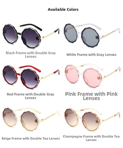 Detailed grid of round flower children sunglasses in six vibrant color variations