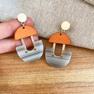 U-shaped resin earrings with wood texture and geometric marble pattern for women