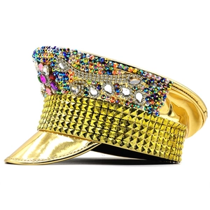 Golden bridal party hat with sparkling rhinestones and metal studs for festivals