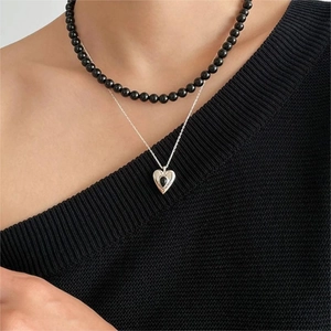 Minimalist double layer 925 silver necklace with black heart pendant for women
