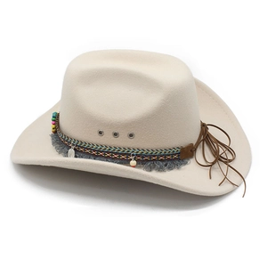 Ethnic wide brim beige fedora hat with bohemian tassels and colorful beaded band