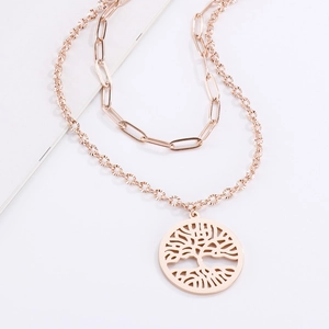 Double-layered rose gold Tree of Life necklace featuring a stylish paperclip chain