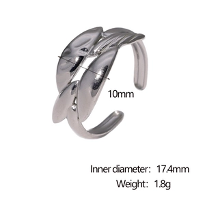 Detailed view of silver feather open ring with 17.4mm inner diameter and 10mm width