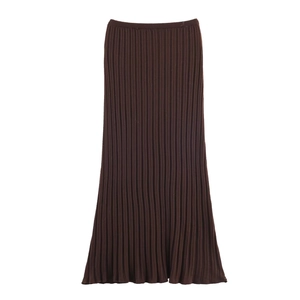 Detailed view of dark brown ribbed knit maxi skirt with elastic waistband and soft texture
