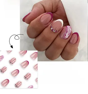 Detail of short press-on nails with purple marble swirl and rhinestone accents JP2885