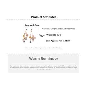 Detailed specs of floral crystal earrings with blue teardrop pendants and 925 silver pins