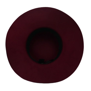 Overhead view of wine red wool felt fedora showing inner black adjustable sweatband detail