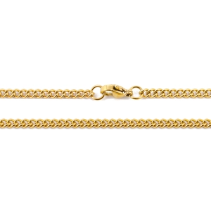 Detail of a polished golden stainless steel Cuban chain with a secure lobster clasp