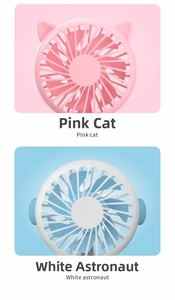 Pink cat and white astronaut handheld USB fans with protective grille details