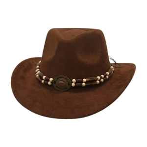 Chapeau de cowboy en daim marron avec perles vintage et ornement en pierre précieuse