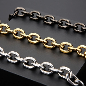 Macro detail of polished stainless steel link chains in gold, silver and gun black finishes