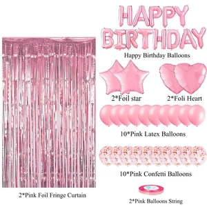 Detailed overview of rose gold birthday decoration kit with foil fringe curtains and balloons