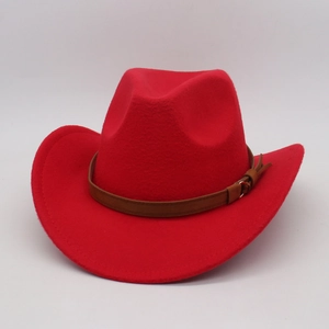 Classic red western cowboy hat with wide brim and brown leather belt for men and women