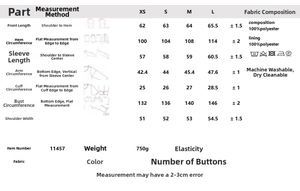 Detailed size chart for the buckled bomber jacket including bust and sleeve measurements