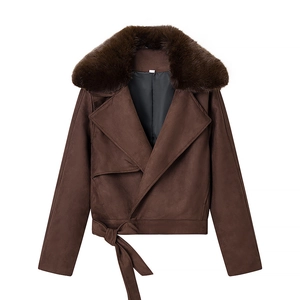 Damen Wildlederjacke Mit Kunstpelzkragen Kurzmantel Mit Gürtel Umlegekragen Einfarbig Langarm Mode Streetwear Casual