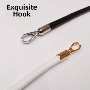 Close-up of hexagonal metal hooks in gold and silver finish on leather bag straps