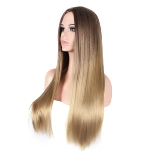 Side view of professional model wearing long straight wig with brown to blonde gradient
