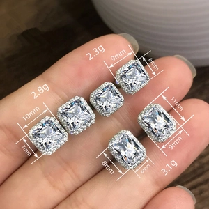 Silver square stud earrings set with white cubic zirconia in various sizes and weights